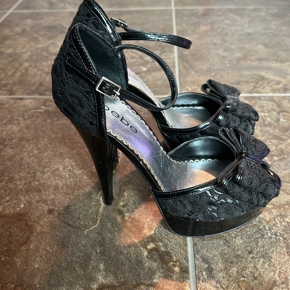 Bebe Velvet Bow Spike Platform Heels